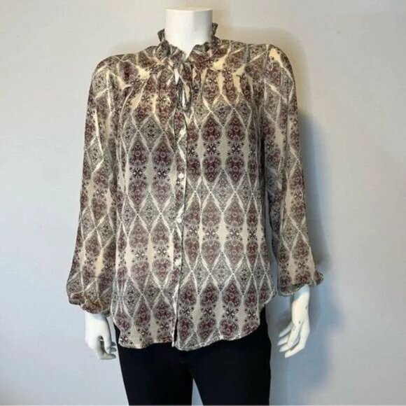 Hollister floral print sheer blouse with ruffles neckline and tie front small - Picture 1 of 6